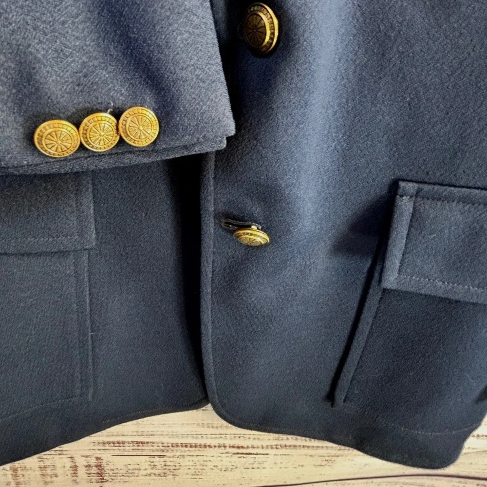 Vintage‎ Wide Lapel Preppy Navy Blue Blazer 38/40R Gold Buttons Hopsack Summer